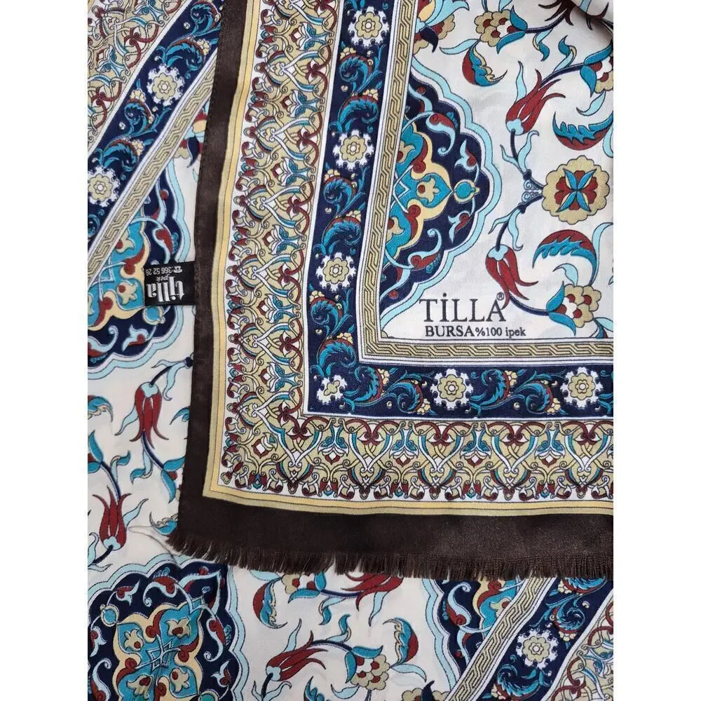 Tilla 100% Silk Scarf Rectangle in Turquoise Rust Floral Border Print